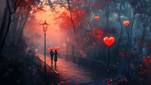 Luminescent Devotion: Digital Rendering of Romantic Bridge Passage.