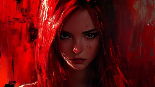 Fierce red haired heroine framed in bold painted drama.