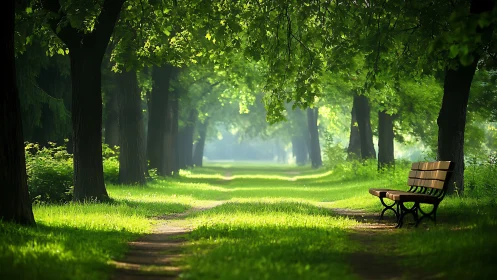 Tree-lined park path with benches under diffused daylight
