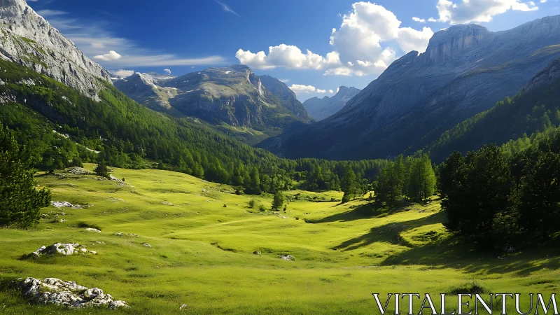 Mountain valley with grassy meadows under clear daylight.