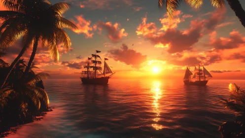 Sunlit galleons glide past a tropical island at vivid dusk