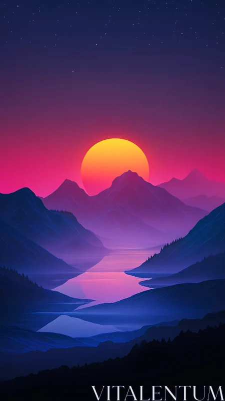 Neon gradient sunset over stylized mountains and river valley.
