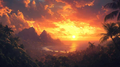 Radiant tropical sunset over lush volcanic coastline.