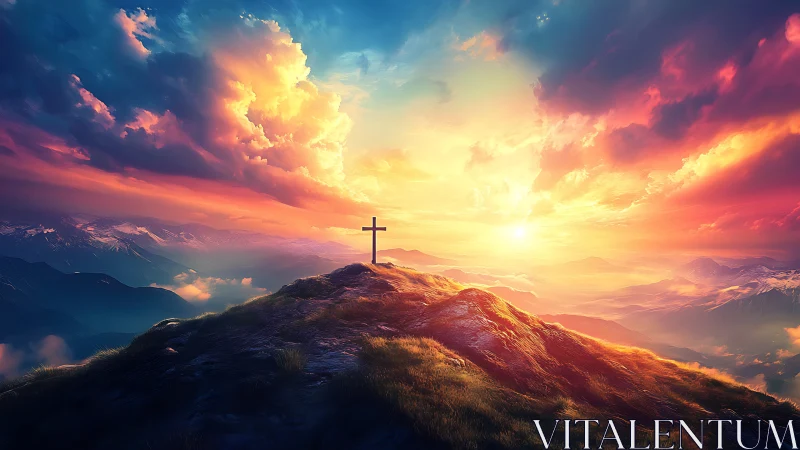 Cross on mountain summit under vivid sunset sky panorama.