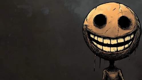 Distressed grunge smiley head with exaggerated carved teeth dominates