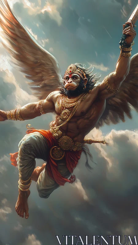 Skyborne monkey warrior streaking through storm-soft clouds.