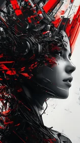 Calm cyborg dreamer wrapped in bold red and black energy.