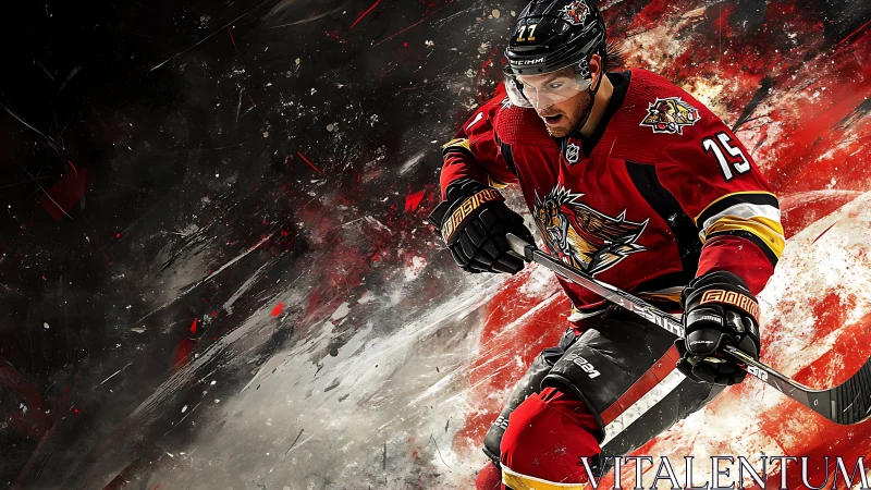 Dynamic hockey player charging through bold red energy.