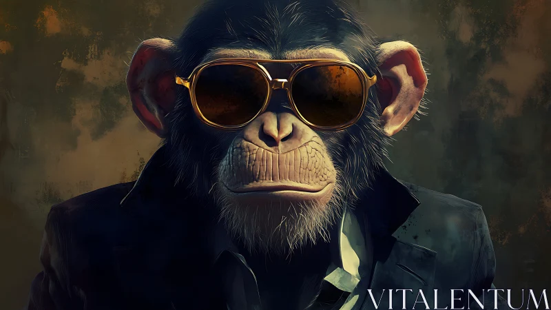 Stylized chimpanzee portrait in sunglasses and dark blazer