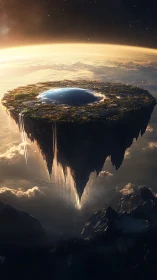 Floating Island Universe: Crystalline Lake Above Clouds.