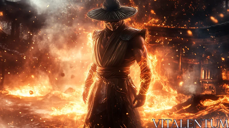 Firelit warrior stands strong amid swirling embers and ruin