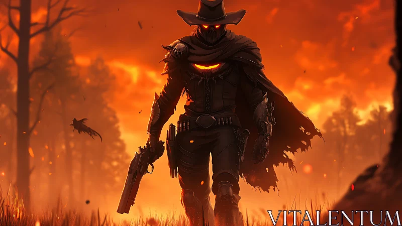 Pumpkin-eyed gunslinger strolls through a burning autumn dusk