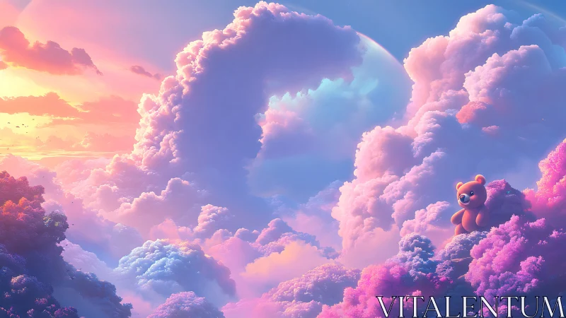 Pastel nebula cloudscape frames playful teddy bear sentinel