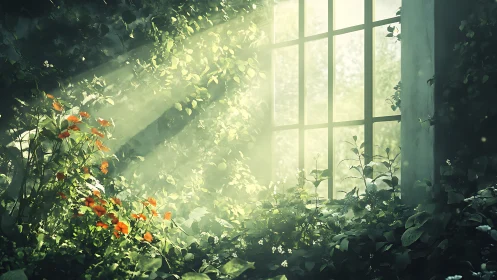 Sunlit overgrown window garden rendered as digital painting