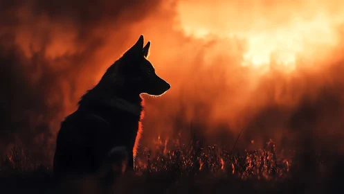 Silhouetted dog in blazing sunset haze on meadow edge.