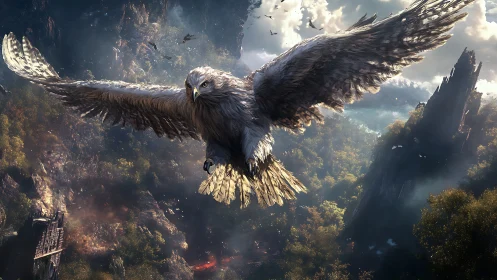 Majestic Eagle Soars Over Mystical Forest in Fantasy Artwork.