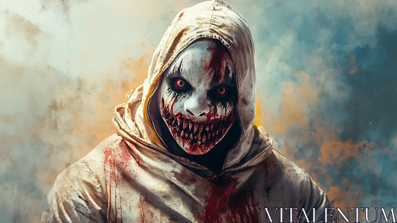 Sinister hooded monster with bloody teeth and white mask.
