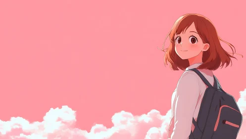 Backlit schoolgirl under saturated pastel stratocumulus sky.