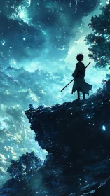 Lone cloaked wanderer on luminous cliff under cosmic sky