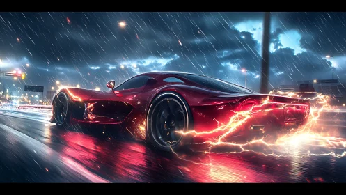 Red sports car racing through wet neon city street at night.