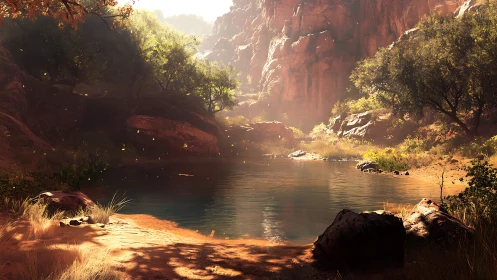 Sunlit canyon pool under warm cascading afternoon haze.