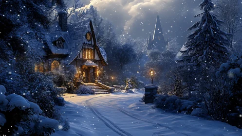 Cozy winter cottage glowing softly in a peaceful snowfall.