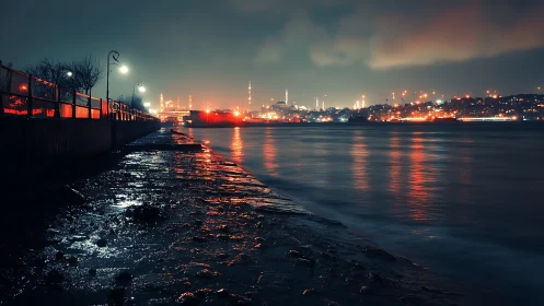City shoreline glows in moody blue and red night reflections