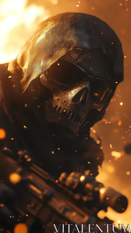Armored skull-masked soldier in flames with rifle detail.