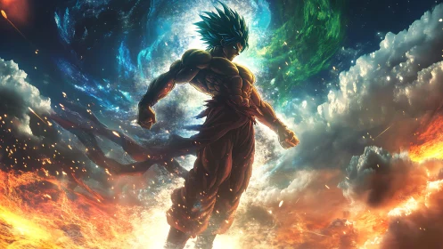 Silhouetted warrior stands amid cosmic storm and clouds