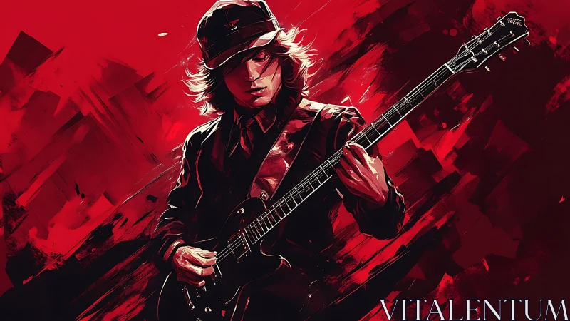 Electric guitarist in red abstract field conveys dynamic motion