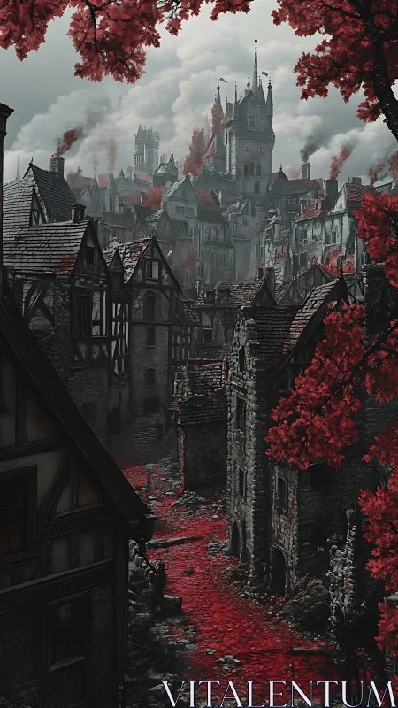 Crimson cobblestone curse beneath a smoldering gothic citadel.
