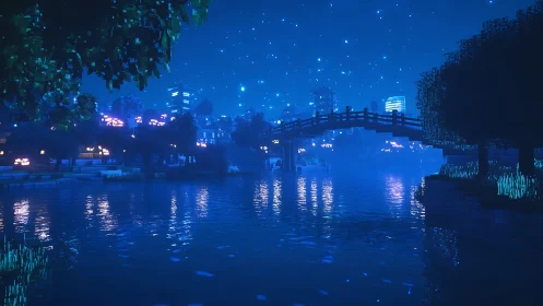 Starlit pixel bridge glows softly above a calm blue river