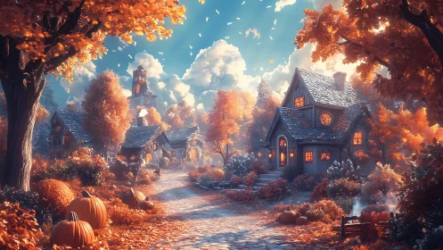 Cozy pumpkin lane under glowing autumn treetops at dusk.
