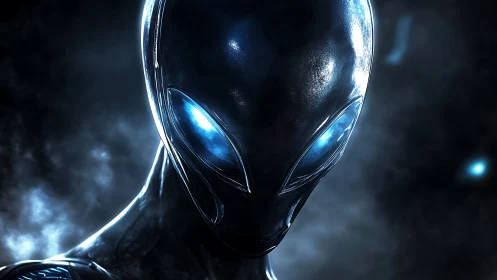 Futuristic blue eyed alien portrait in dark space scene.