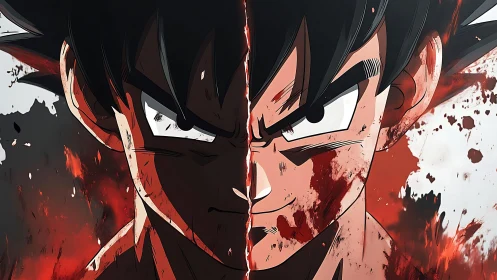 Split anime warrior portrait captures dual rage and resolve.