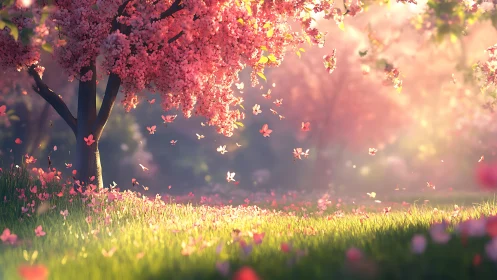 Spring Garden with Blossoms and Petals Falling.