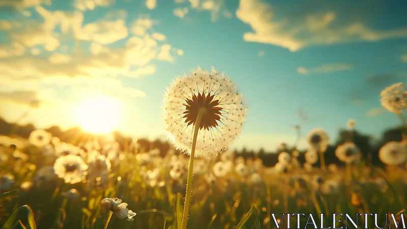 Closeup dandelion seed head against bright sunset sky.