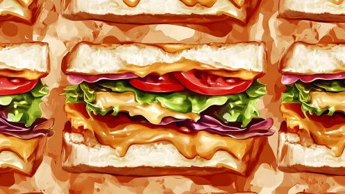 Digital painting of stacked cheese sandwiches pattern.