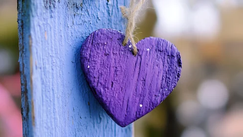 Purple heart ornament hanging from twine against weathered blue post.