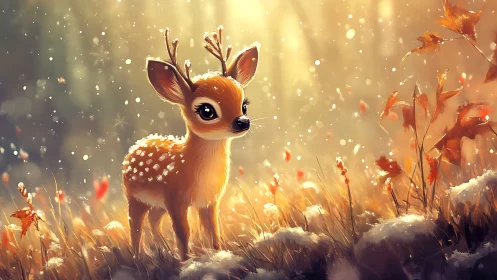 Young deer standing in glowing autumn snow field scene.