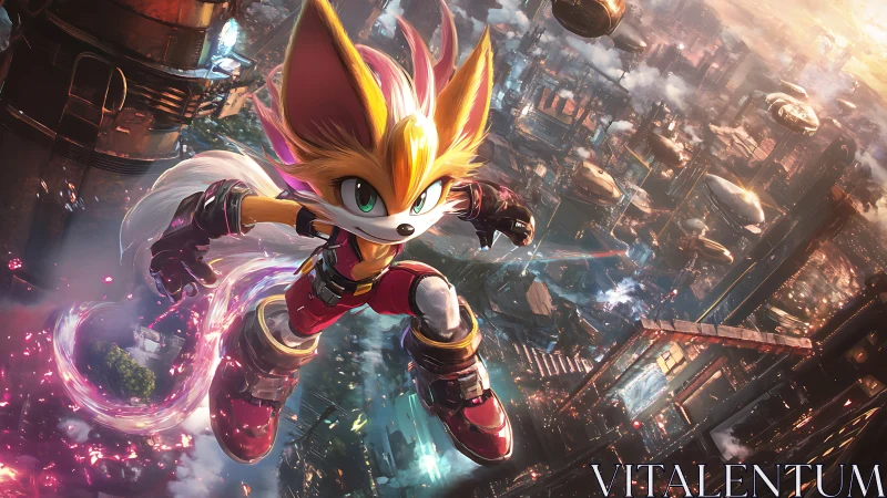 Anthro fox hero rockets through neon sci fi cityscape.