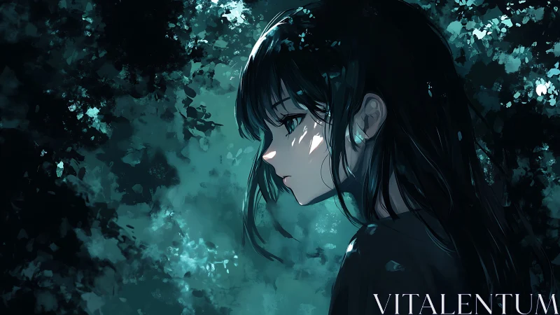 Melancholic girl in teal forest light side profile view.