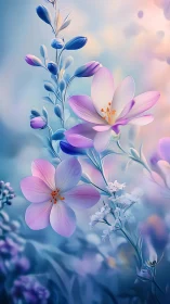 Delicate Blue and Pink Flowers Blooming in Dreamy Light