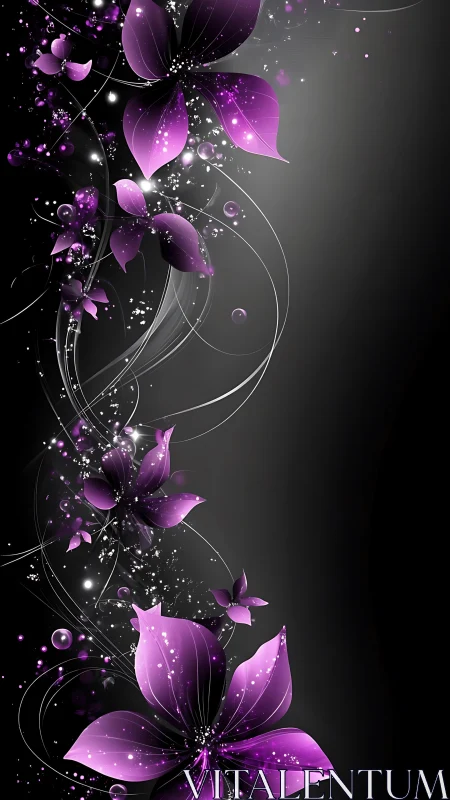 Purple floral abstraction emerges from luminous particle streams against dark background.