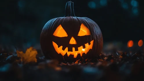 Glowing jack o lantern smiles warmly in the autumn night