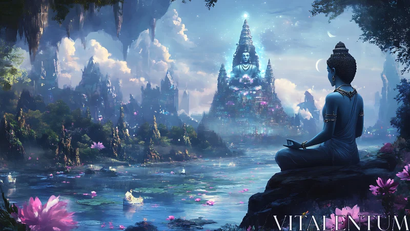 Moonlit lotus waters cradle a meditating cosmic guardian