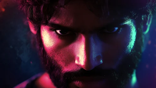 Intense male portrait in neon cyan and magenta rim lighting.