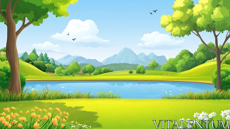 Idyllic cartoon lakeside meadow under clear blue summer sky
