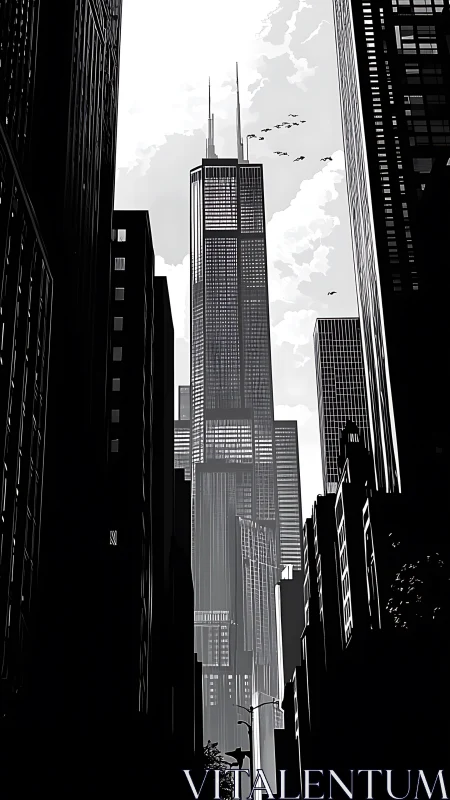 Monochrome high rise skyline with central spired tower.