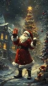 Santa in red coat stands under illuminated Christmas tree at night